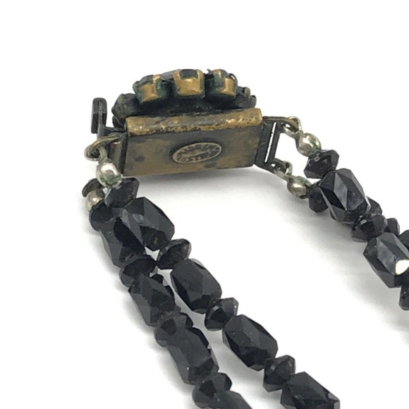 Antique Black Jet Faceted Glass Graduated Double Strand Flower Clasp Necklace - Picture 7 of 8